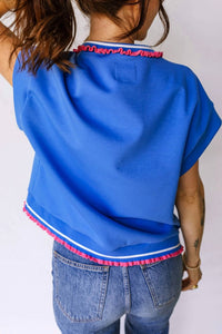 Umgee - Contrast Frilled Trim Collared Short Sleeve Top