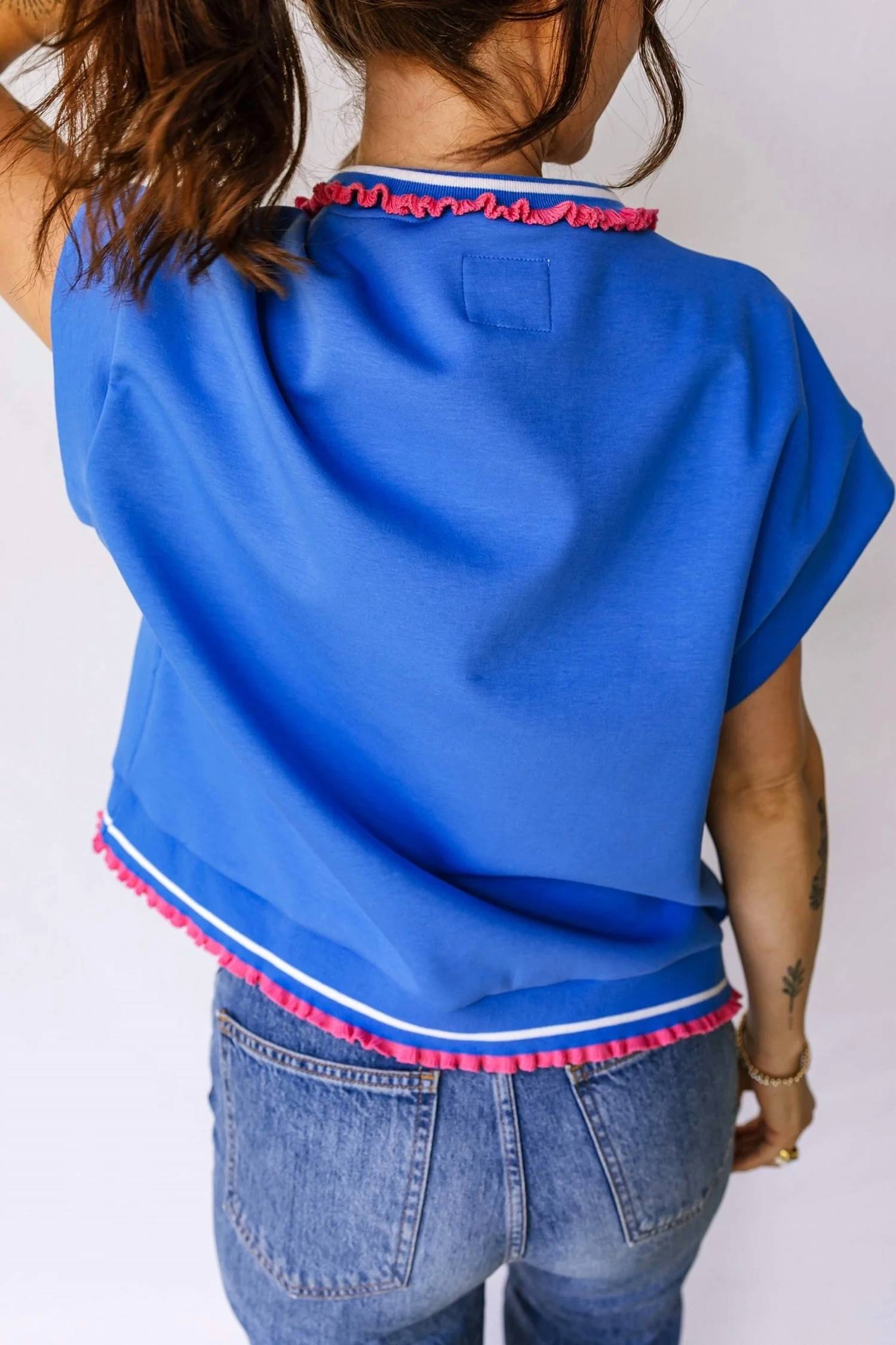 Umgee - Contrast Frilled Trim Collared Short Sleeve Top