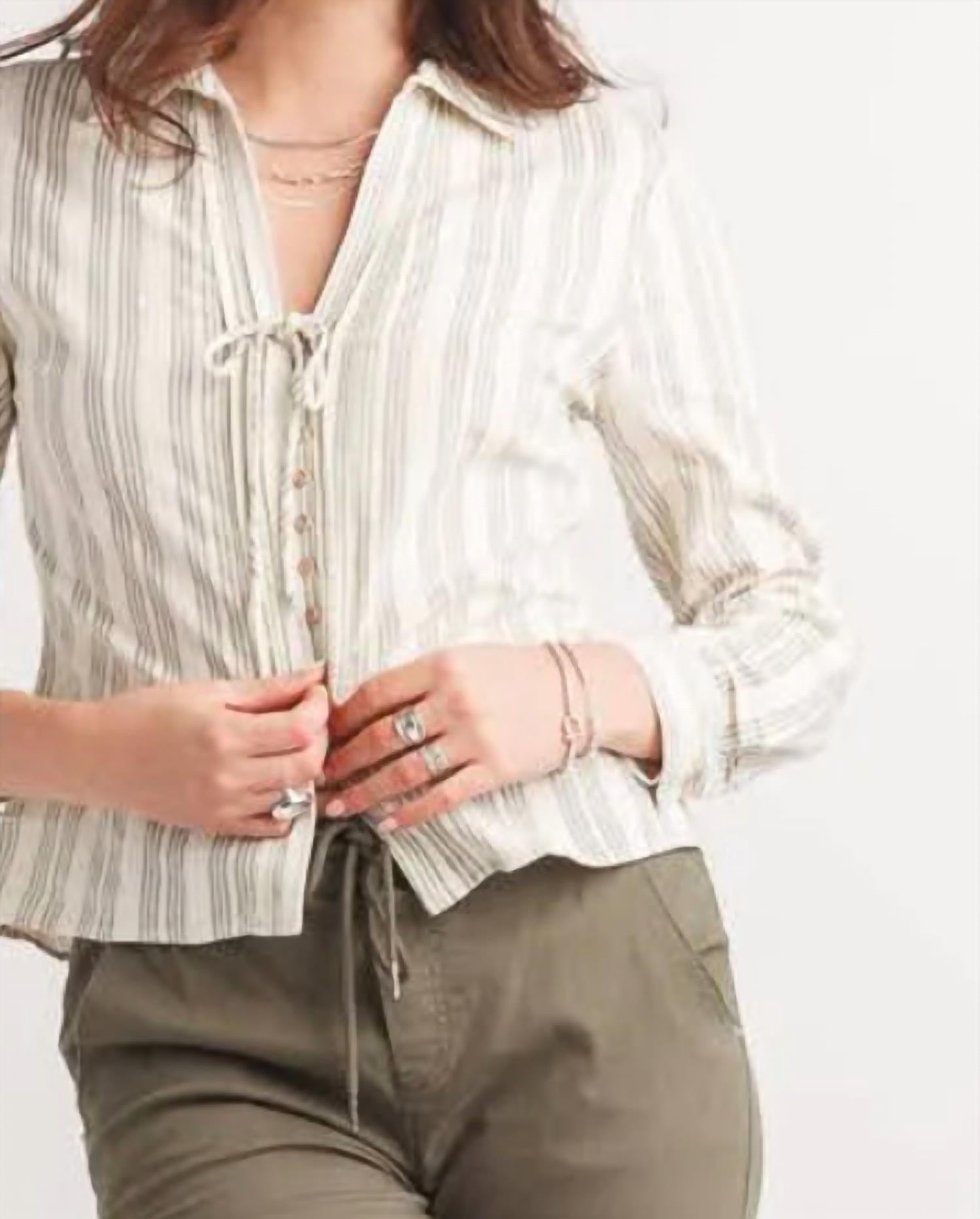 Papillon - Striped V Neck Collared Top With Button Detail