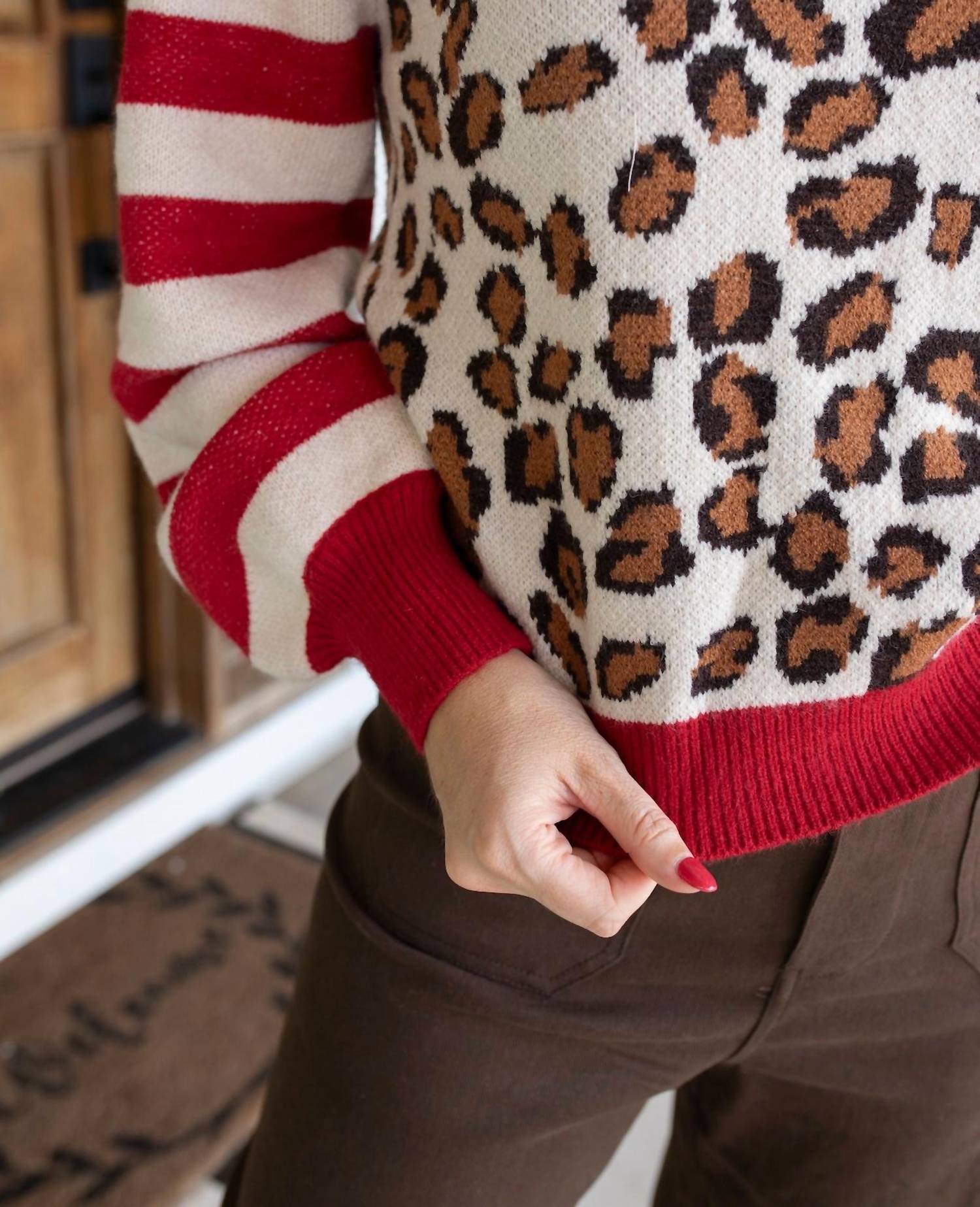 voy Cheetah Sisters High Neck Sweater in red brown multi - women's sweater - alternate view