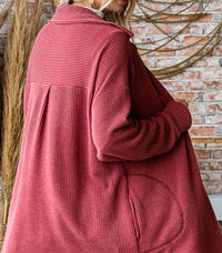 7th Ray Rib Button Down Side Pocket Shacket - Plus Size in burgundy - women's jacket - detail view