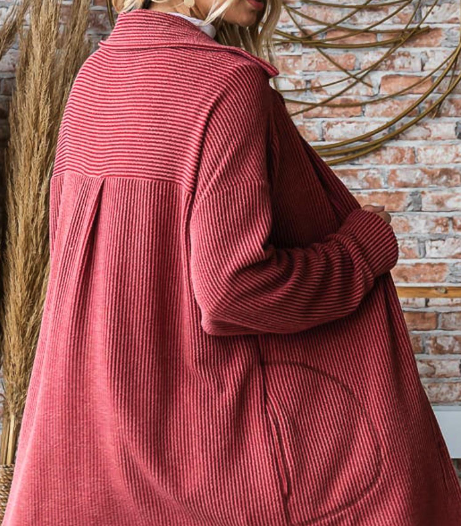 7th Ray Rib Button Down Side Pocket Shacket - Plus Size in burgundy - women's jacket - detail view
