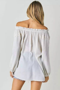 DAVI & DANI Lace Whisper Tie-Front Top in off white - women's blouse - detail view