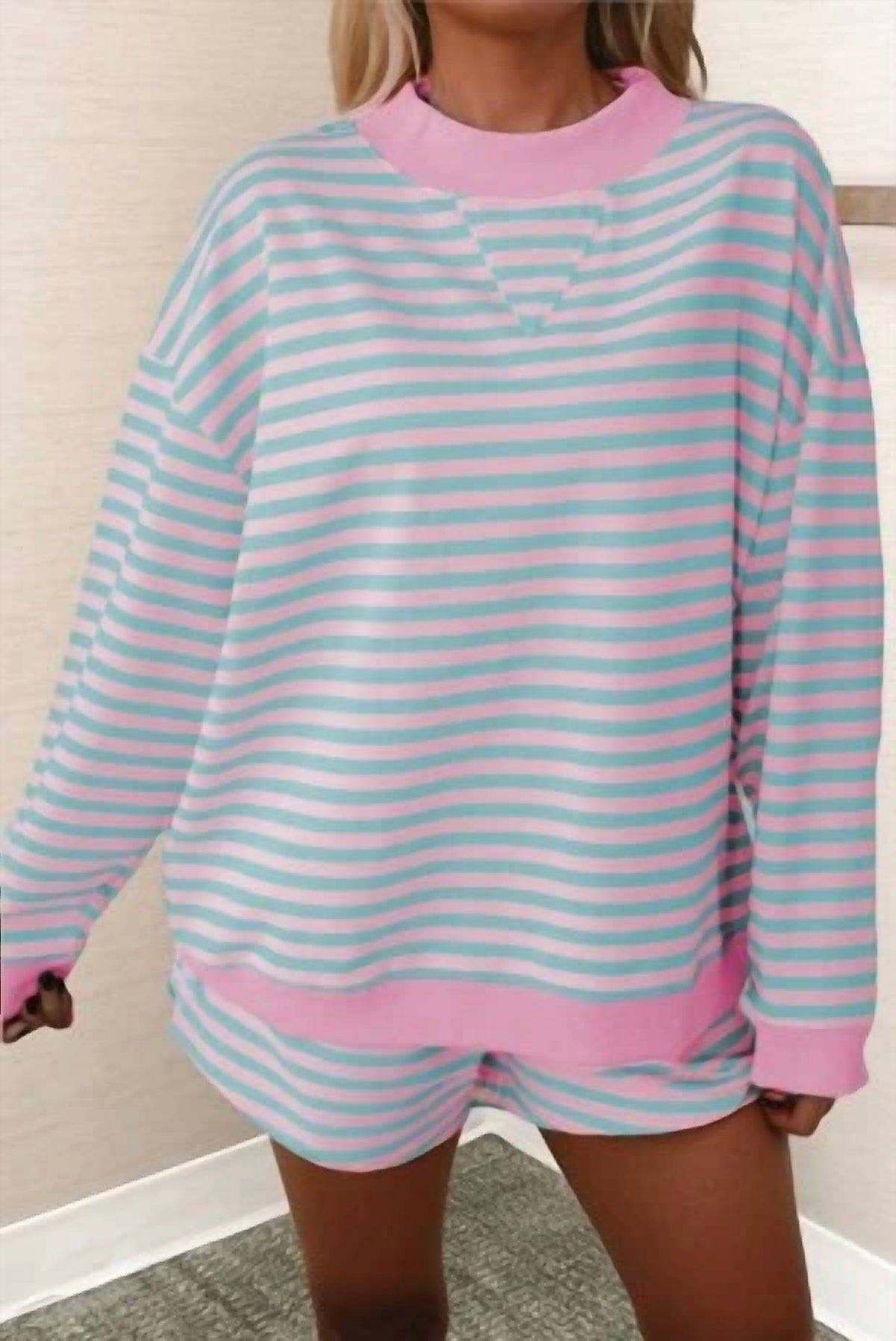 Shewin - Stripe Colorblock Pullover And Shorts Set