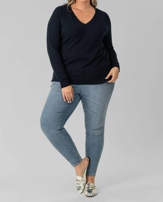 Minnie Rose - Distressed Long Sleeve V-neck Sweater - Plus Size