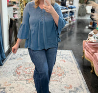 Listicle Sweater Like Knit Flowy Top in denim blue - women's blouse