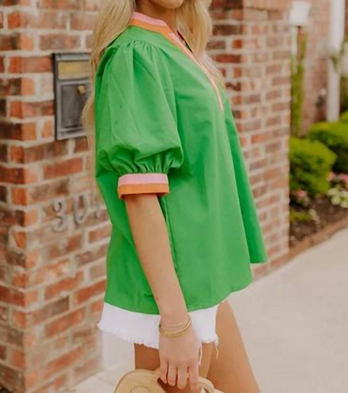 Style Usa - Puff Sleeve Top With Stripe Trim