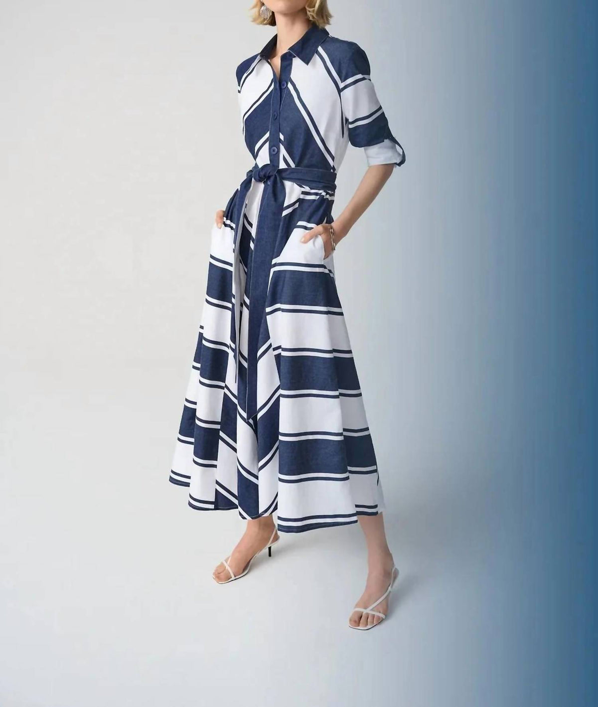 Joseph Ribkoff - Striped Belted Midi Fit And Flare Dress