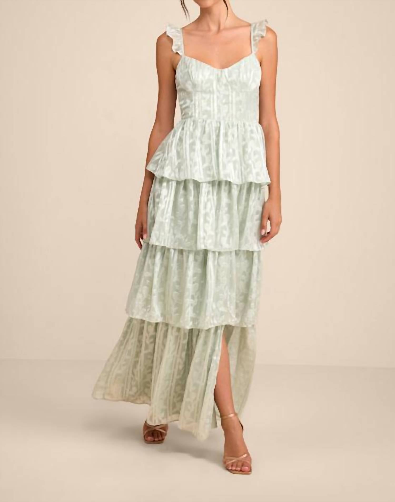 Lulus Women's Stunning Glory Floral Jacquard Tiered Maxi Dress in sage green - women's dress