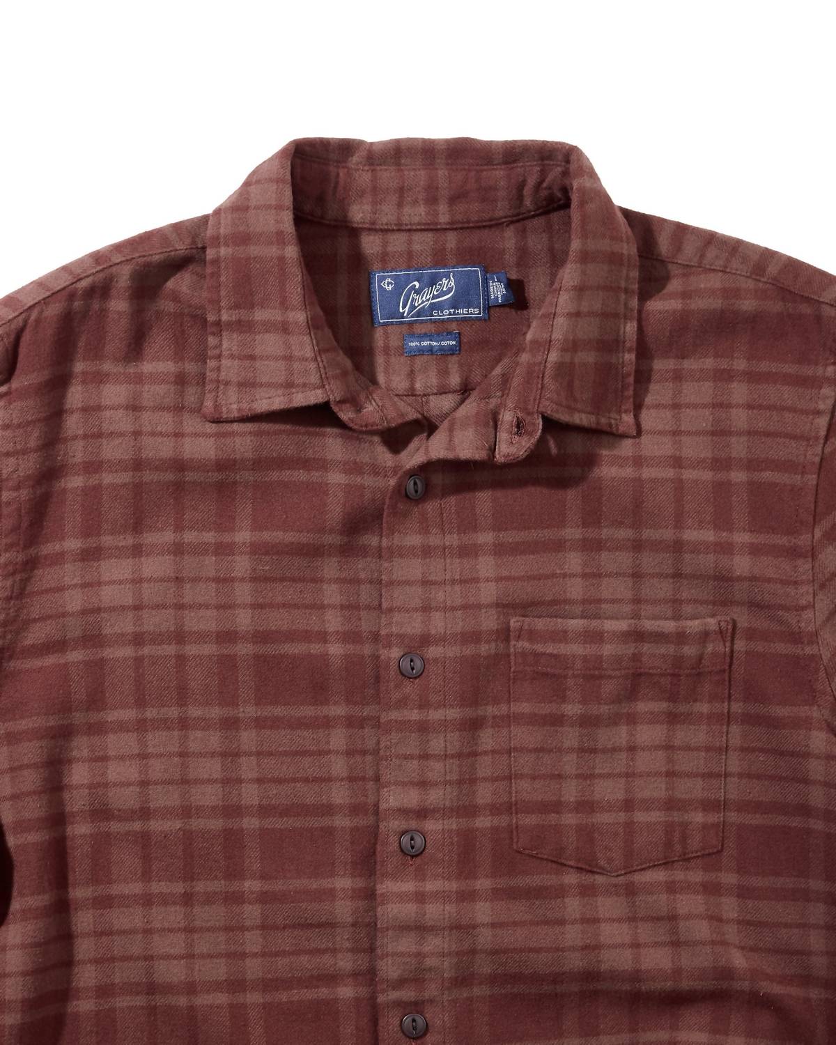Grayers Men's Jaspe Midweight Flannel Shirt in root beer - men's long sleeve top - detail view