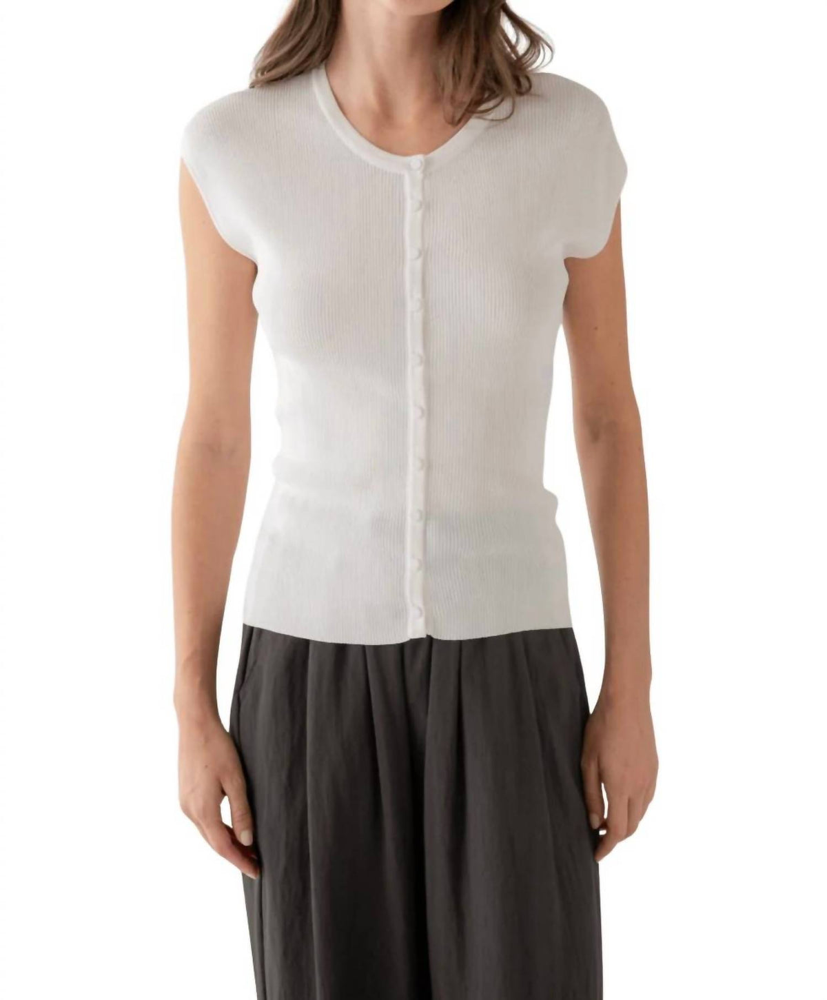 Elle Grey - Ribbed Cap Sleeve Button Knit Top