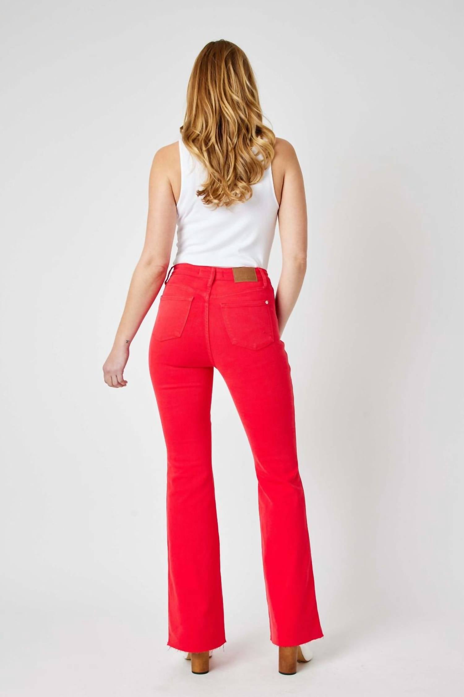 Judy Blue Waist Tummy Control Garment Flare Denim Jeans in dyed red - women's jeans - view 5