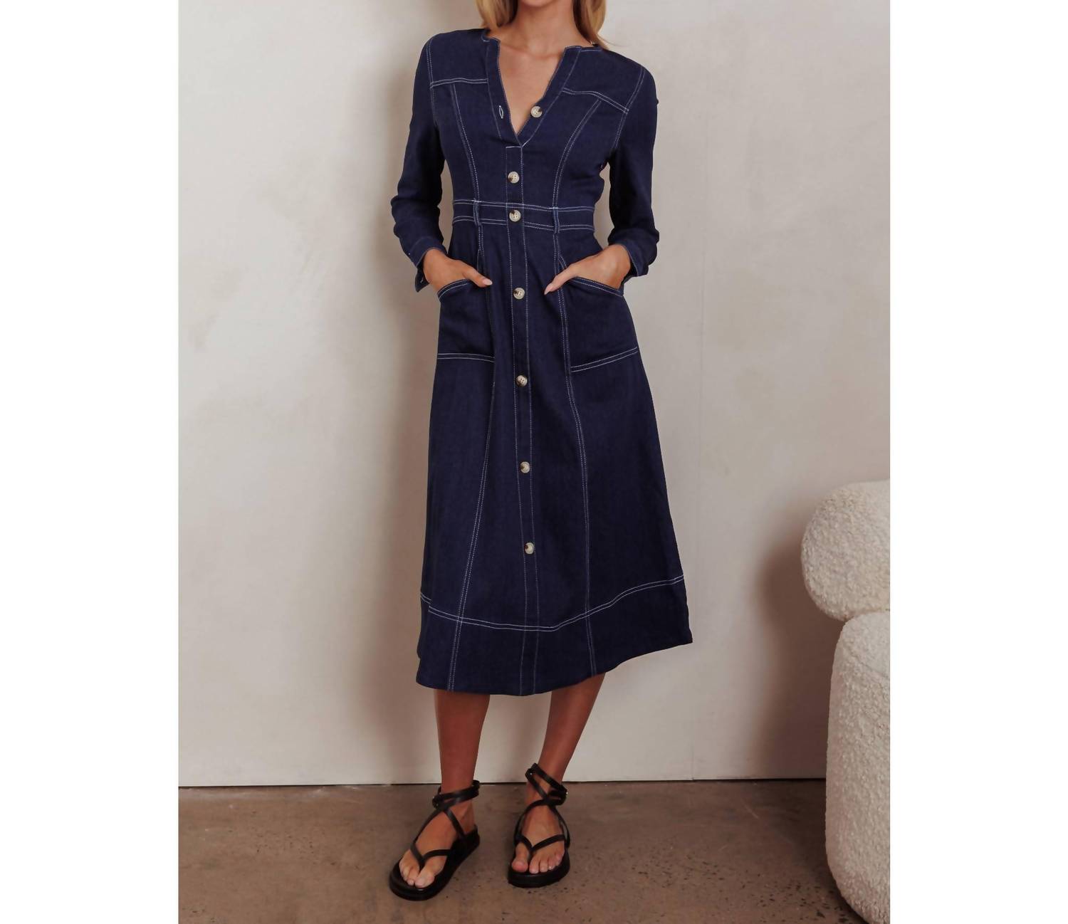 One and Only Collective Long Sleeves Denim Midi Dress in indigo - women's dress