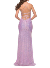 La Femme High Slit Lace-up Back Sequin Dress in light periwinkle - women's dress - detail view