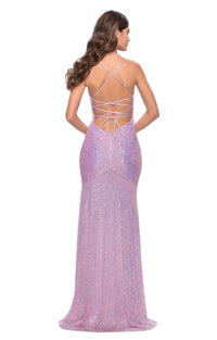 La Femme High Slit Lace-up Back Sequin Dress in light periwinkle - women's dress - alternate view