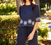 Karen Kane - Embroidered Blouson Sleeve Scallop Top - Petite