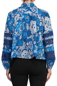 Elie Tahari - Women's Floral Collared Neckline Lace Trim Long Sleeves Top Blouse