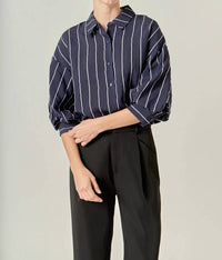 English Factory Bellamy Balloon Sleeve Blouse in navy white - women's blouse