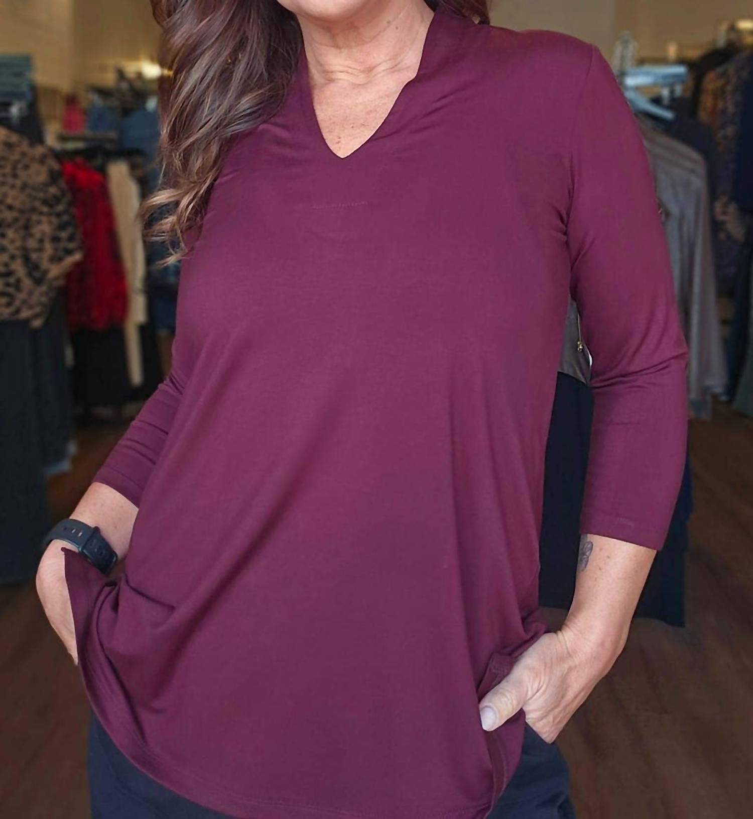 PURE essence Being Pretty V-neck Long Sleeve Top in chestnut - women's long sleeve top