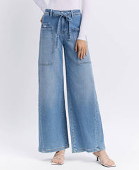 Flying Monkey - Carmen High Rise Elastic Tie Waistband Baggy Wide Jeans