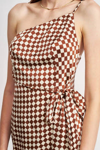 Emory Park - One Shoulder Wrapped Checkerboard Dress