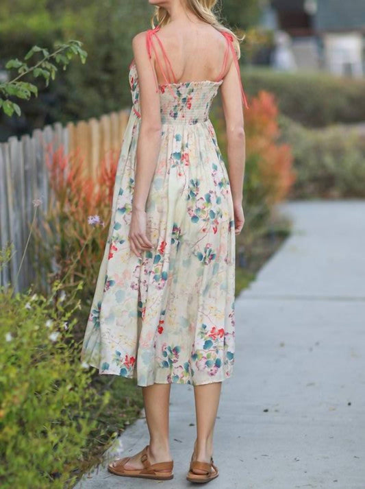 Aakaa - Tie Shoulder Floral Midi Dress