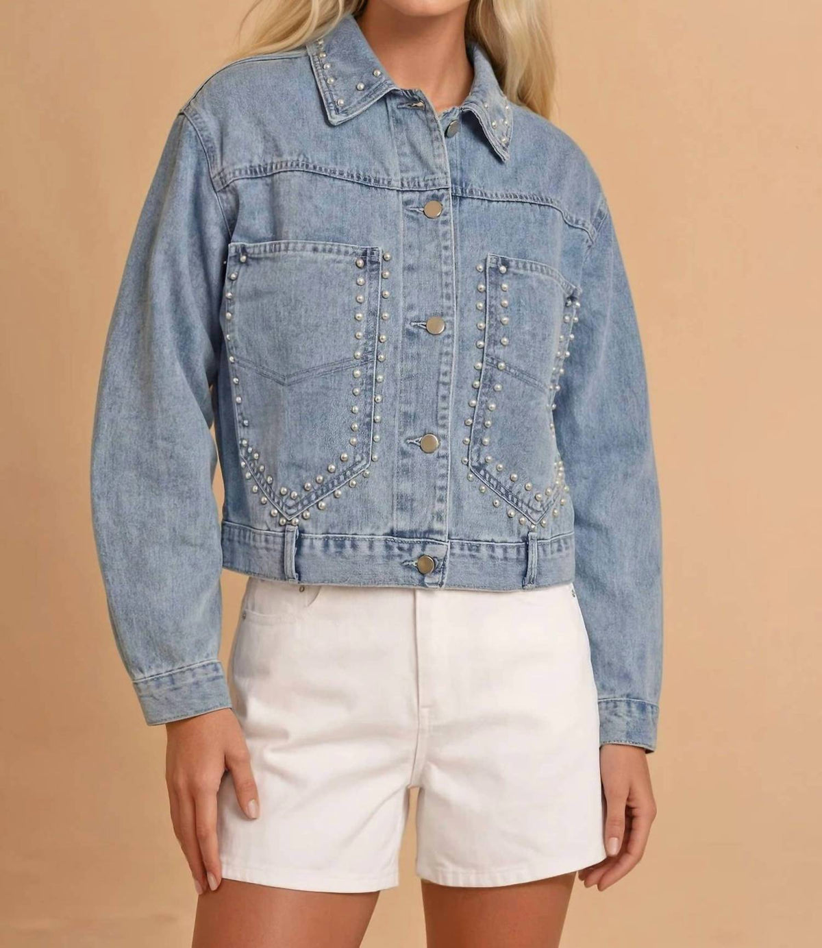 Wisteria Lane - Women's Studded Cropped Washed Denim Jacket