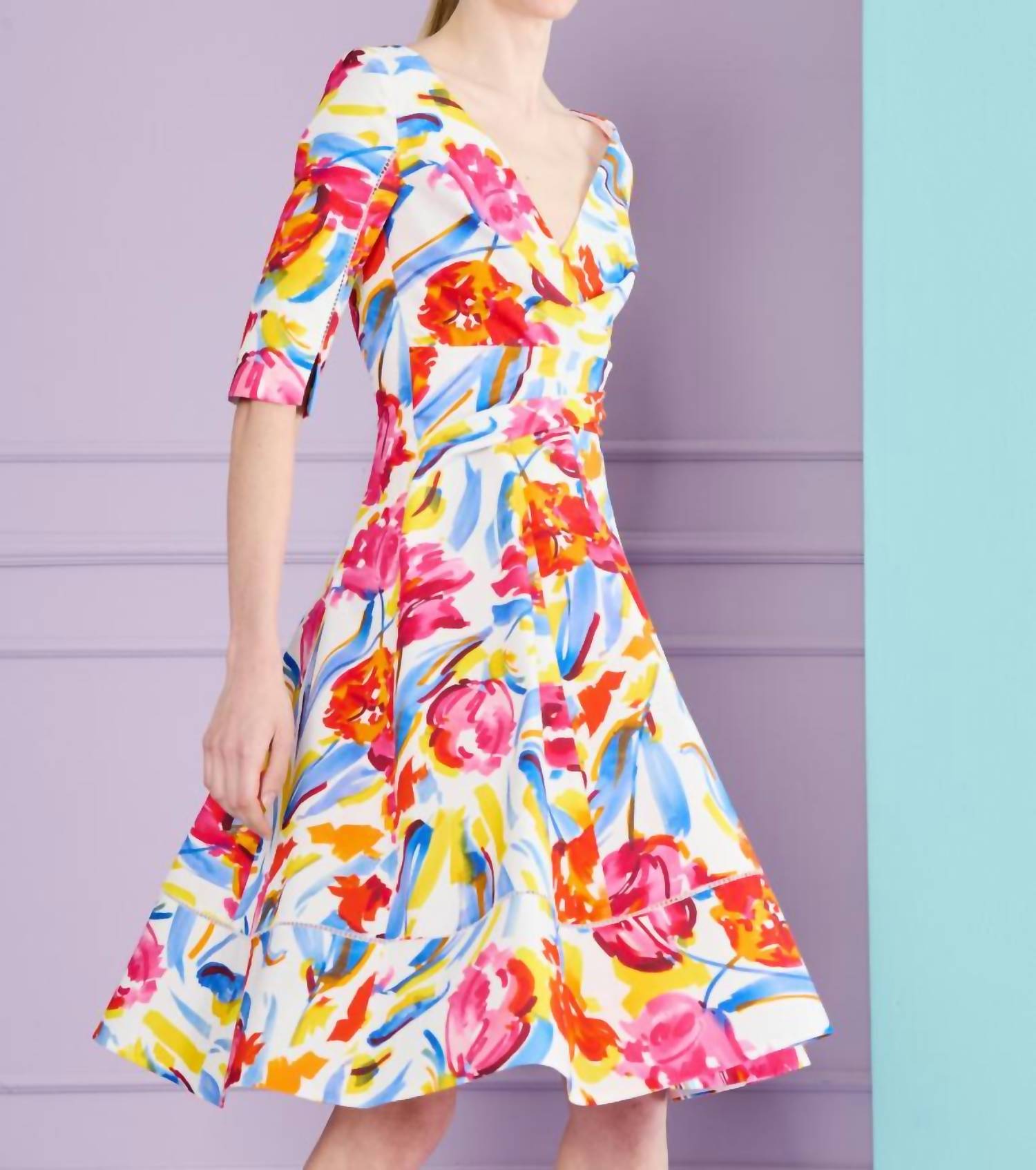 Talbot Runhof - Painter Blossoms Piqué Day Dress