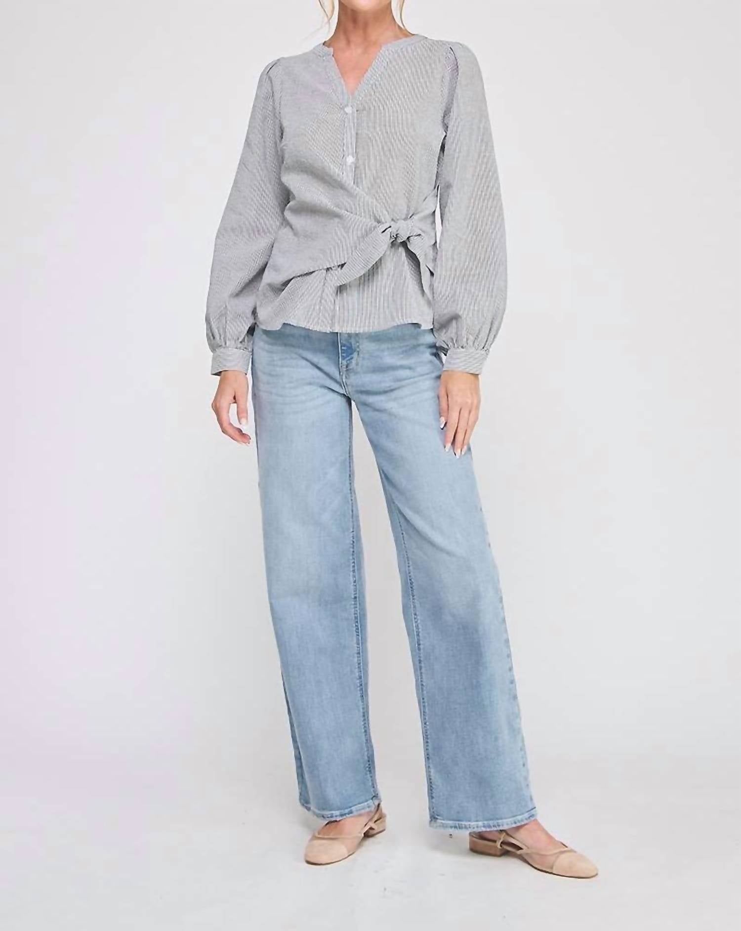 ALLIE ROSE Side Wrap Blouse in black white - women's blouse - alternate view