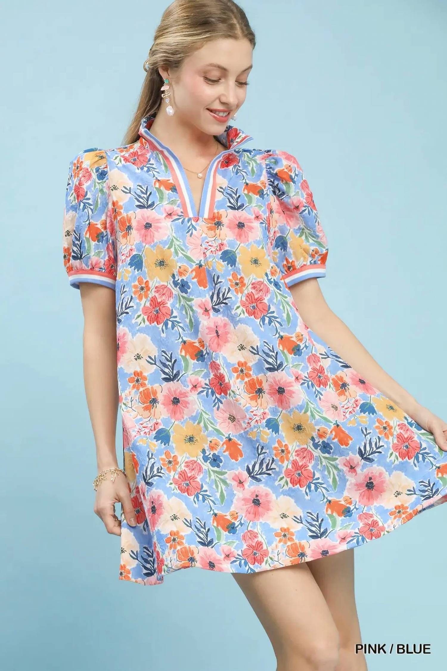 Umgee - Floral Print High Neck Mini Dress