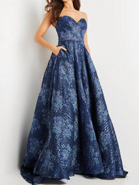 JOVANI Strapless Sweetheart Neck Ballgown in navy - women's dress - detail view