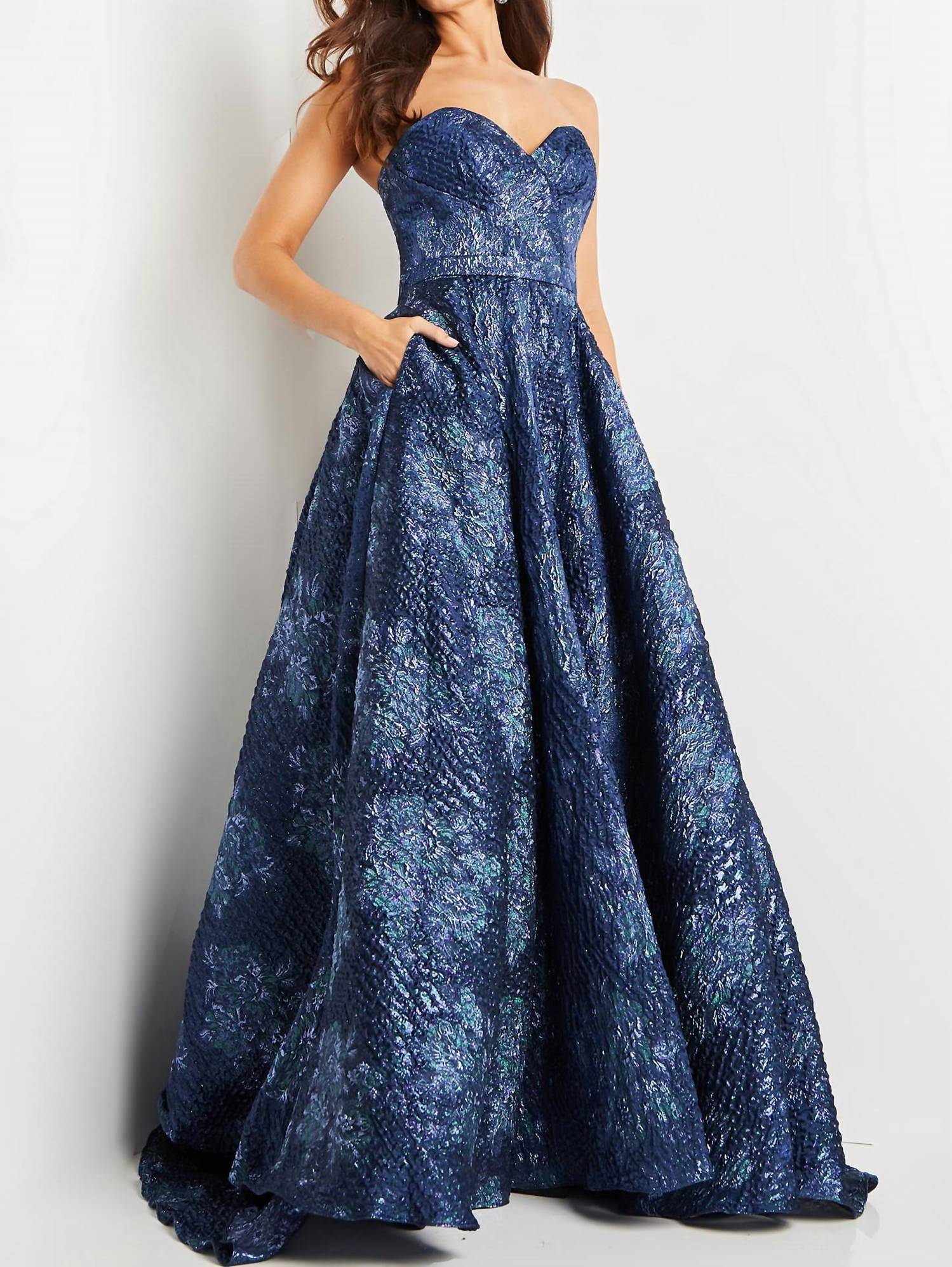 JOVANI Strapless Sweetheart Neck Ballgown in navy - women's dress - detail view