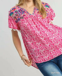 Umgee - Animal Print Split Neck Ruffle Sleeve Top