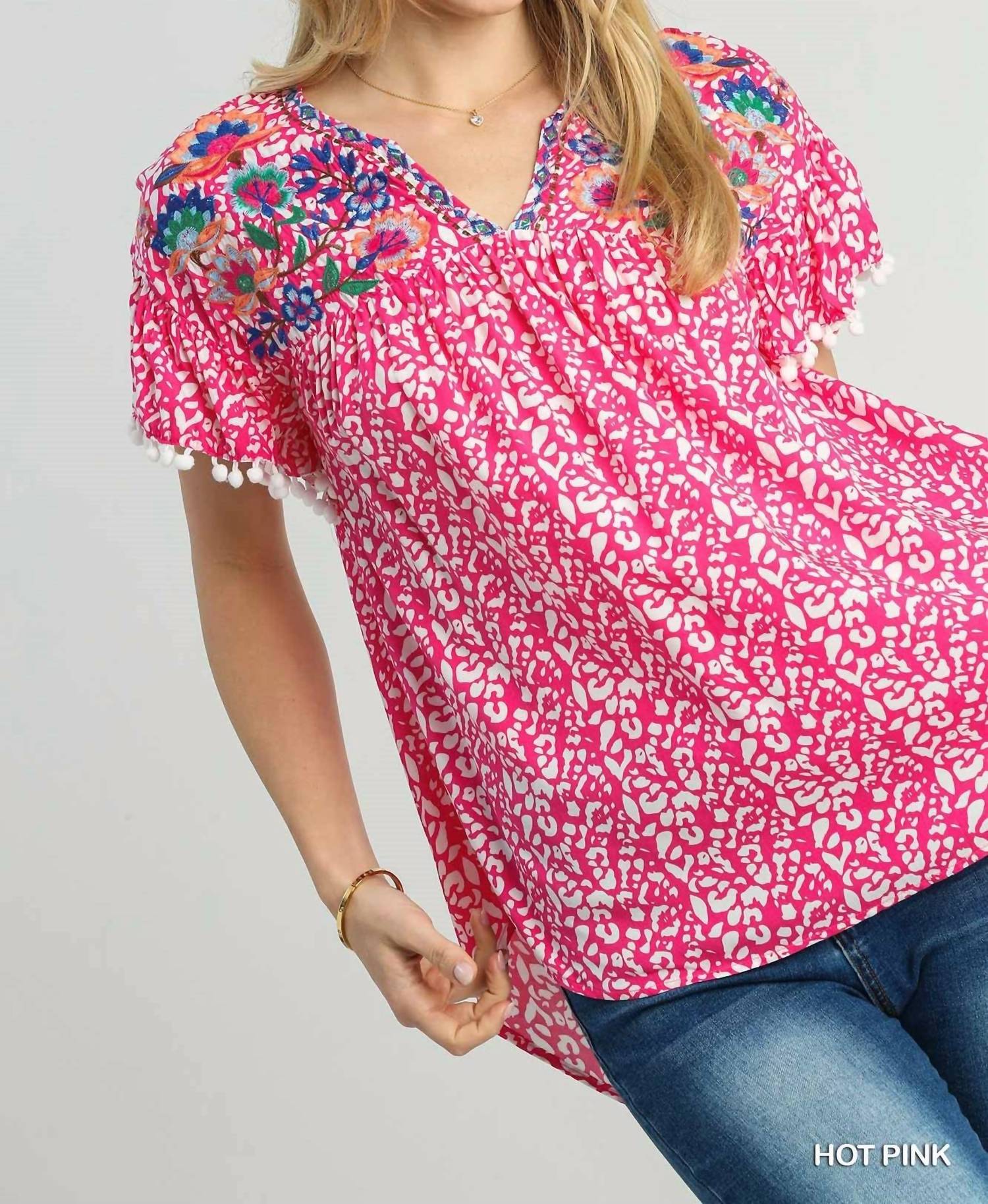 Umgee - Animal Print Split Neck Ruffle Sleeve Top