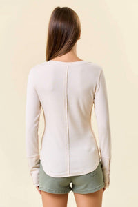 Doe And Rae - Soft Rib Exposed Seaming Long Sleeve Henley Top