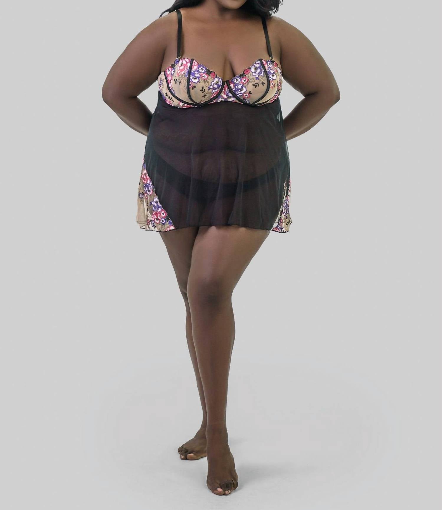 Oh La La Cheri - Nadia Embroidered Babydoll Nightwear - Plus