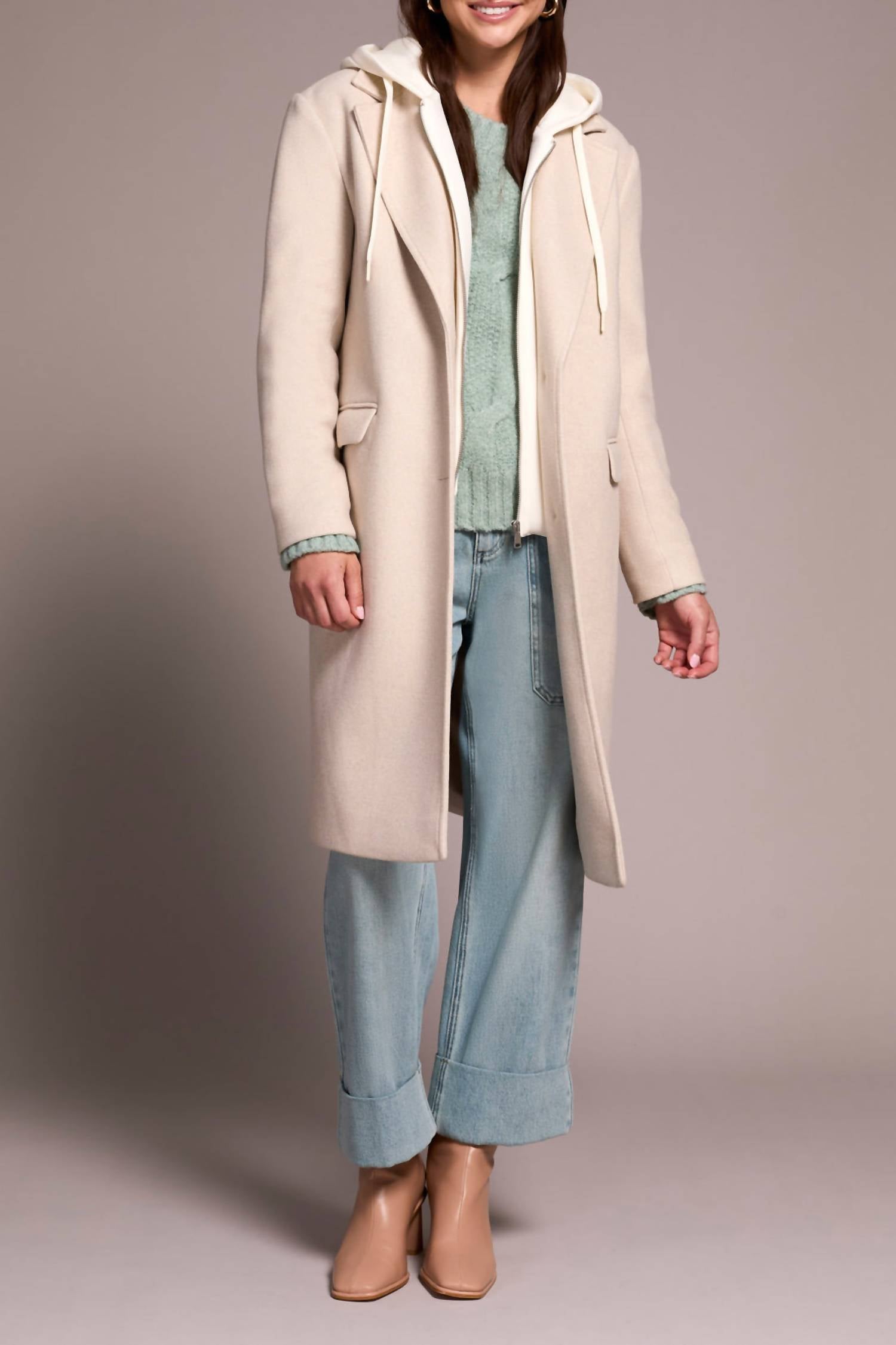 TRIBAL Fooler Hood Trench Coat - Plus in oatmeal - women's jacket