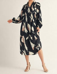 Jodifl - Chest Smocking Detail Abstract Print Midi Dress
