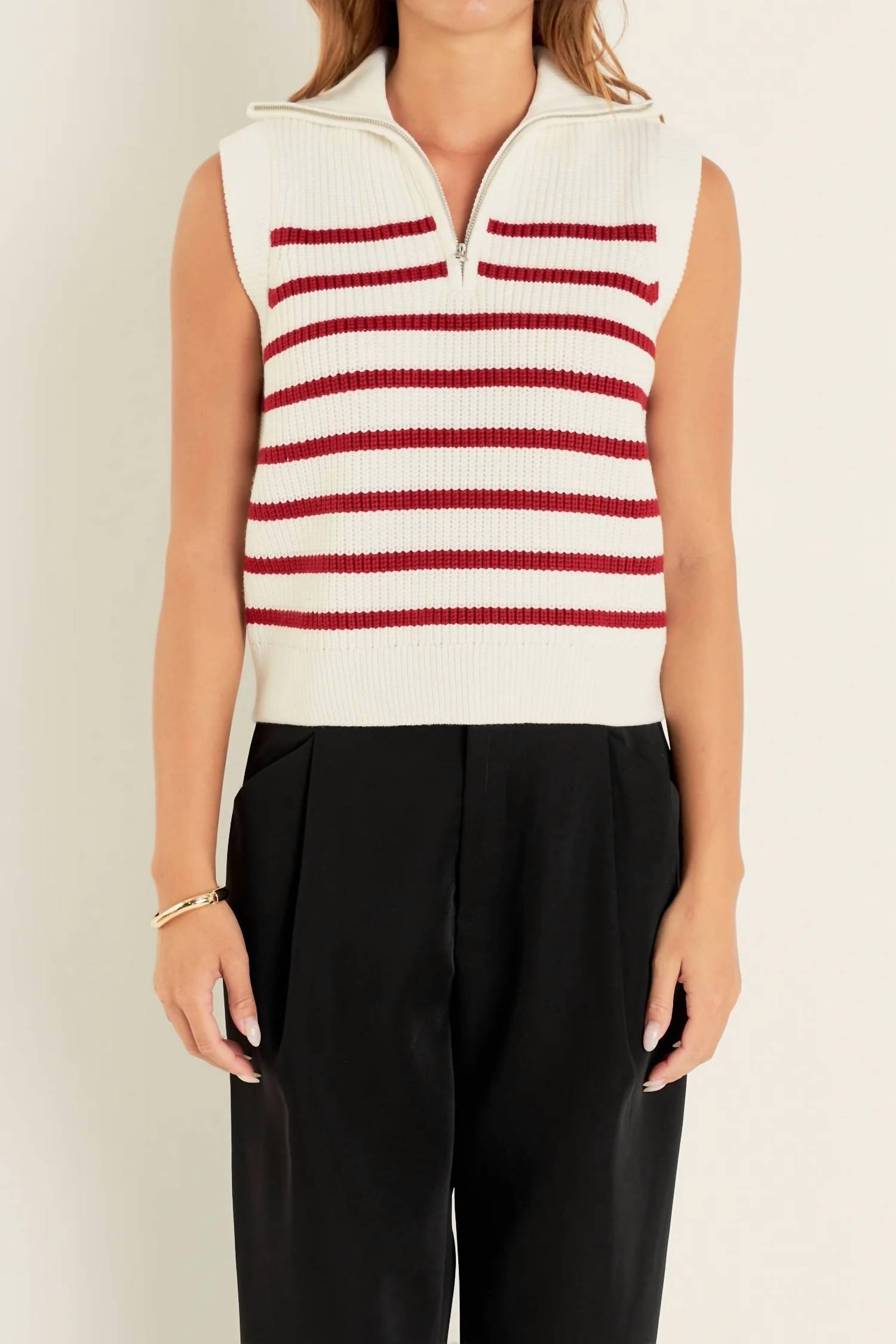 English Factory - Stripe Half-zip Sleeveless Sweater