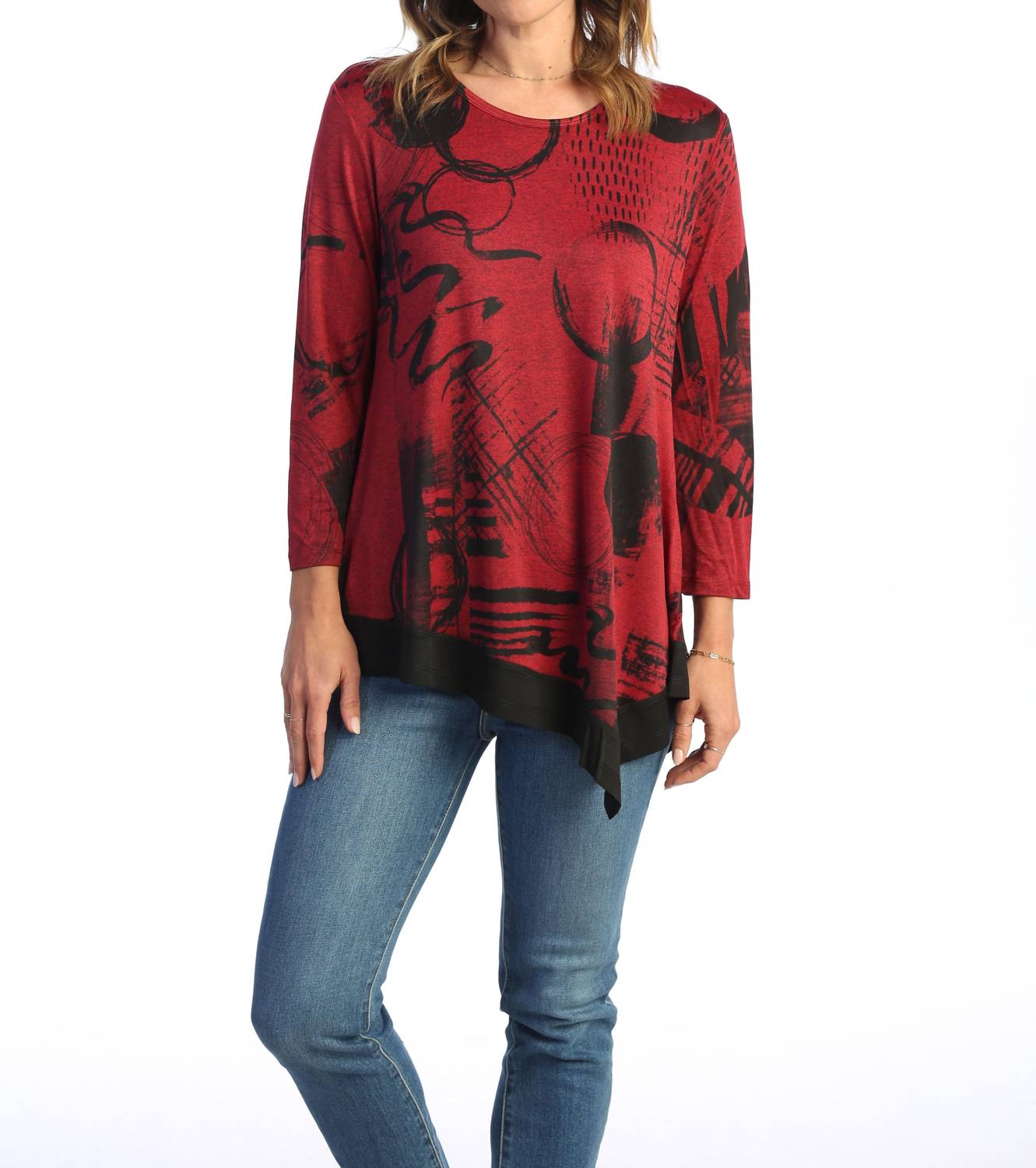 Jess & Jane Jazzy Asymmetrical Slinky Top in napoli - women's blouse - detail view