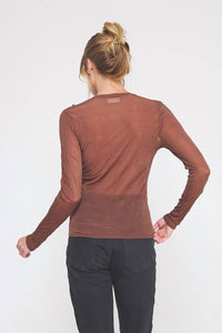ALLIE ROSE Brynn Crinkled Silky Sheer Long Sleeve Blouse in brown - women's blouse - alternate view