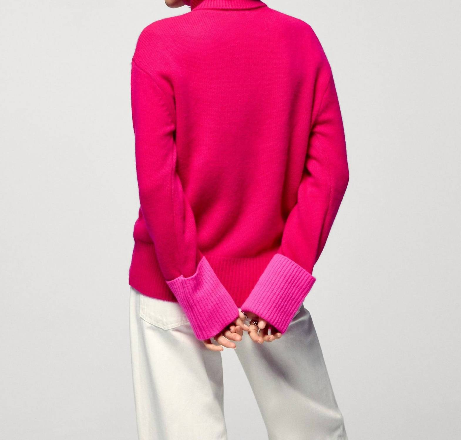 From Future Contrast Cuff Turtleneck Sweater in raspberry pink - women's sweater - detail view