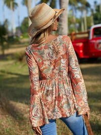 Supreme Fashion Western Printed Bell Sleeve Blouse in orange multi - women's blouse - detail view