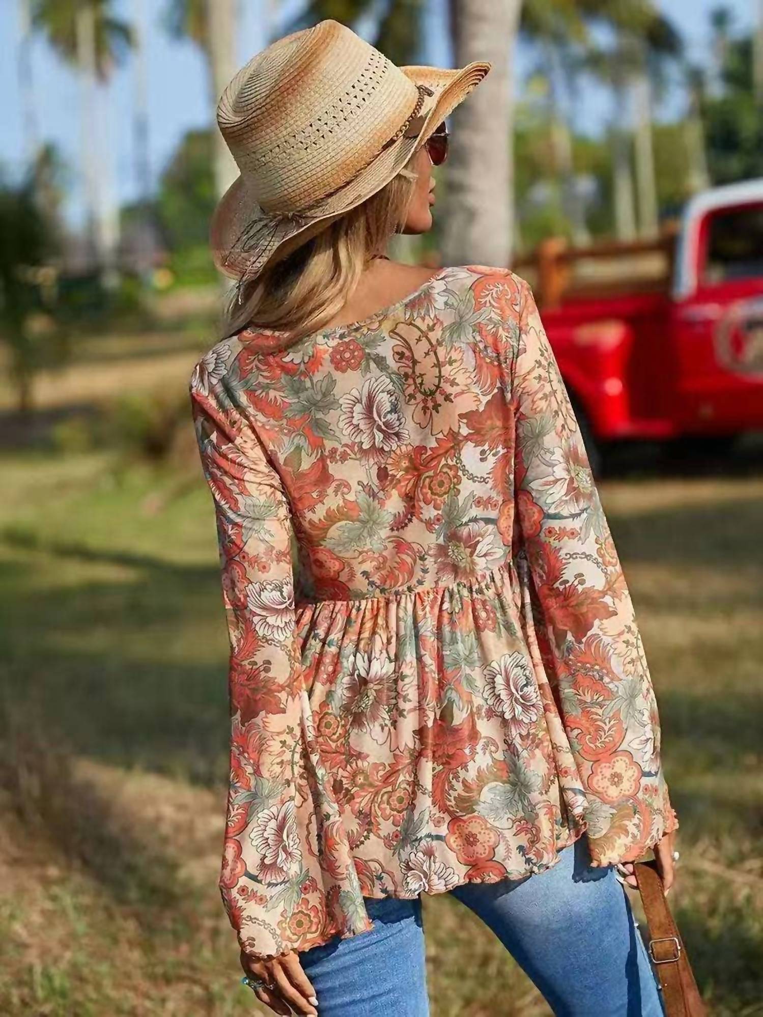 Supreme Fashion Western Printed Bell Sleeve Blouse in orange multi - women's blouse - detail view
