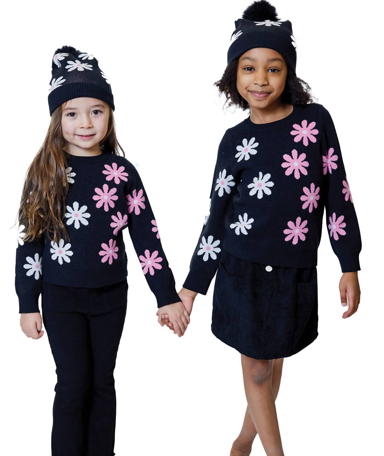 DESIGN HISTORY Girl's Flower Beanie in black combo - kids' hat - alternate view