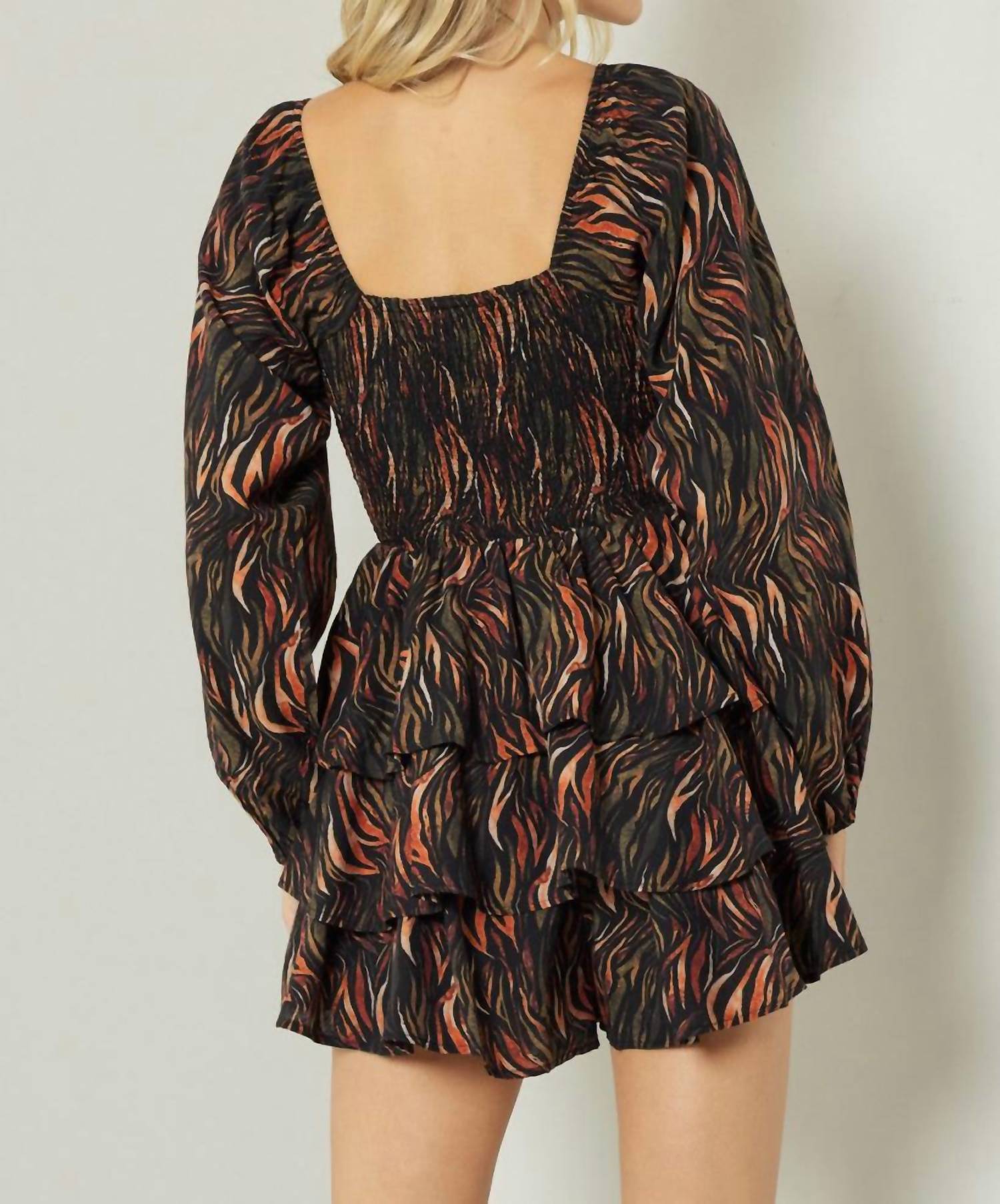Entro - Square Neck Long Sleeve Tiered Romper