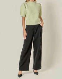 English Factory - Women's Scalloped Puff Sleeve Embellishment Knit Top