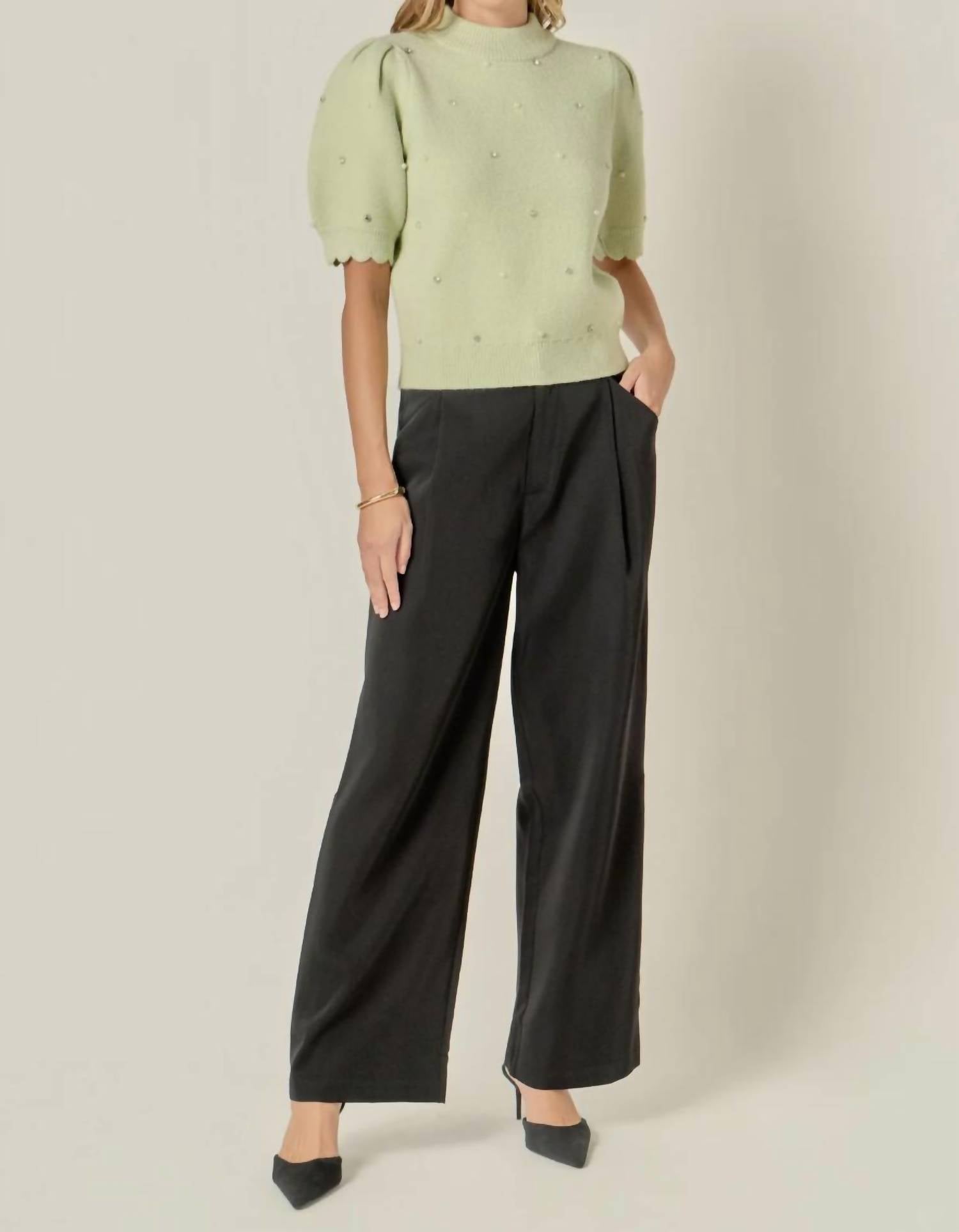 English Factory - Women's Scalloped Puff Sleeve Embellishment Knit Top