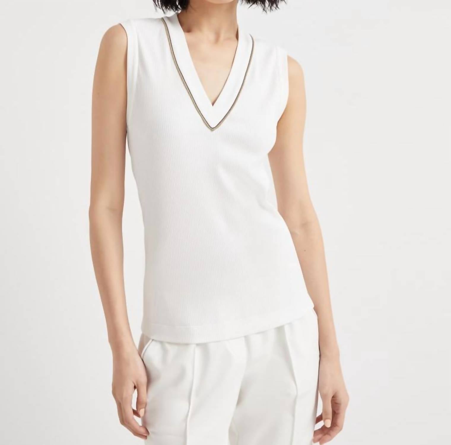 Brunello Cucinelli - Sleeveless V Neck Tank With Monili Detail