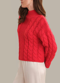 525 America Adalynn Oversized Chunky Cable Mock Neck Pullover Sweater in true red - women's sweater - alternate view